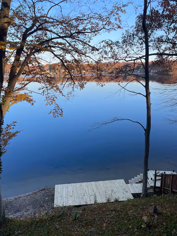 Lower deck seating near the lake